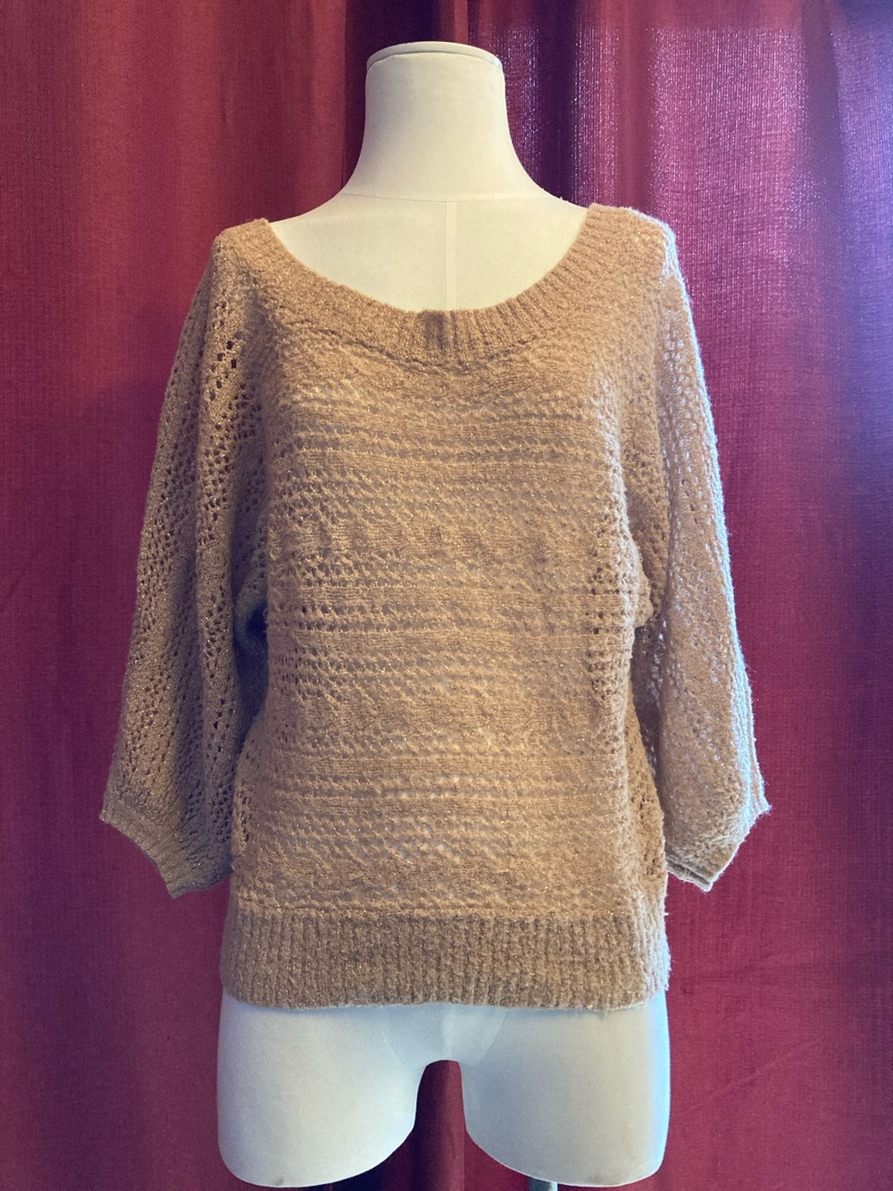 Axes Femme Cozy Lightweight Open-Knit Sparkly Sweater - Tan